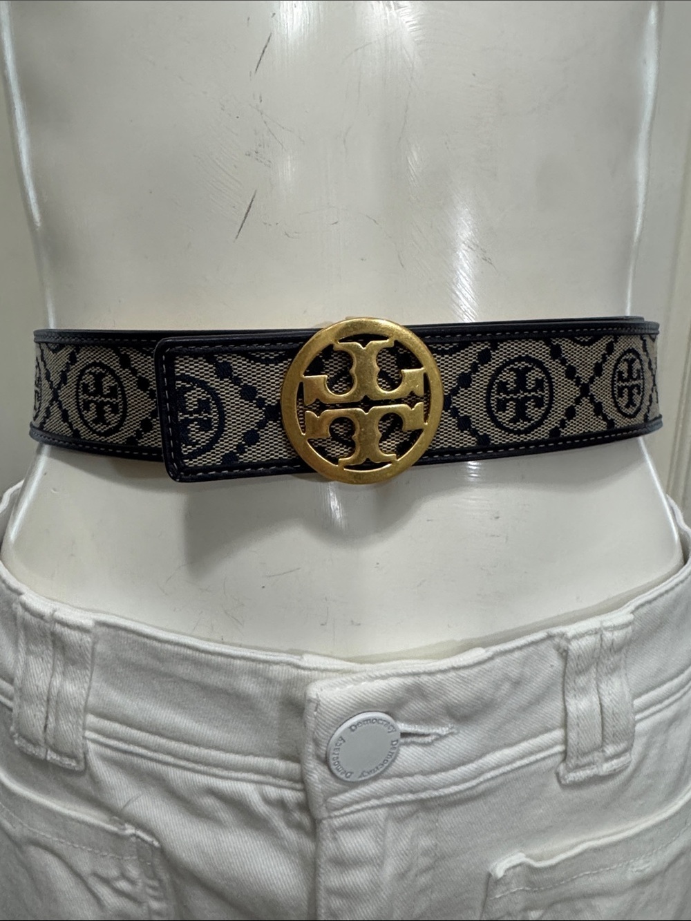 Tory Burch Black and Beige Logo Web Belt with Gold Medallion Buckle Size Small